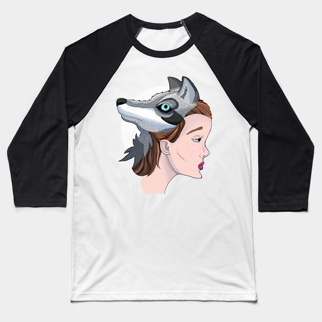 Wolf Head Girl Baseball T-Shirt by SarahStrangeArt